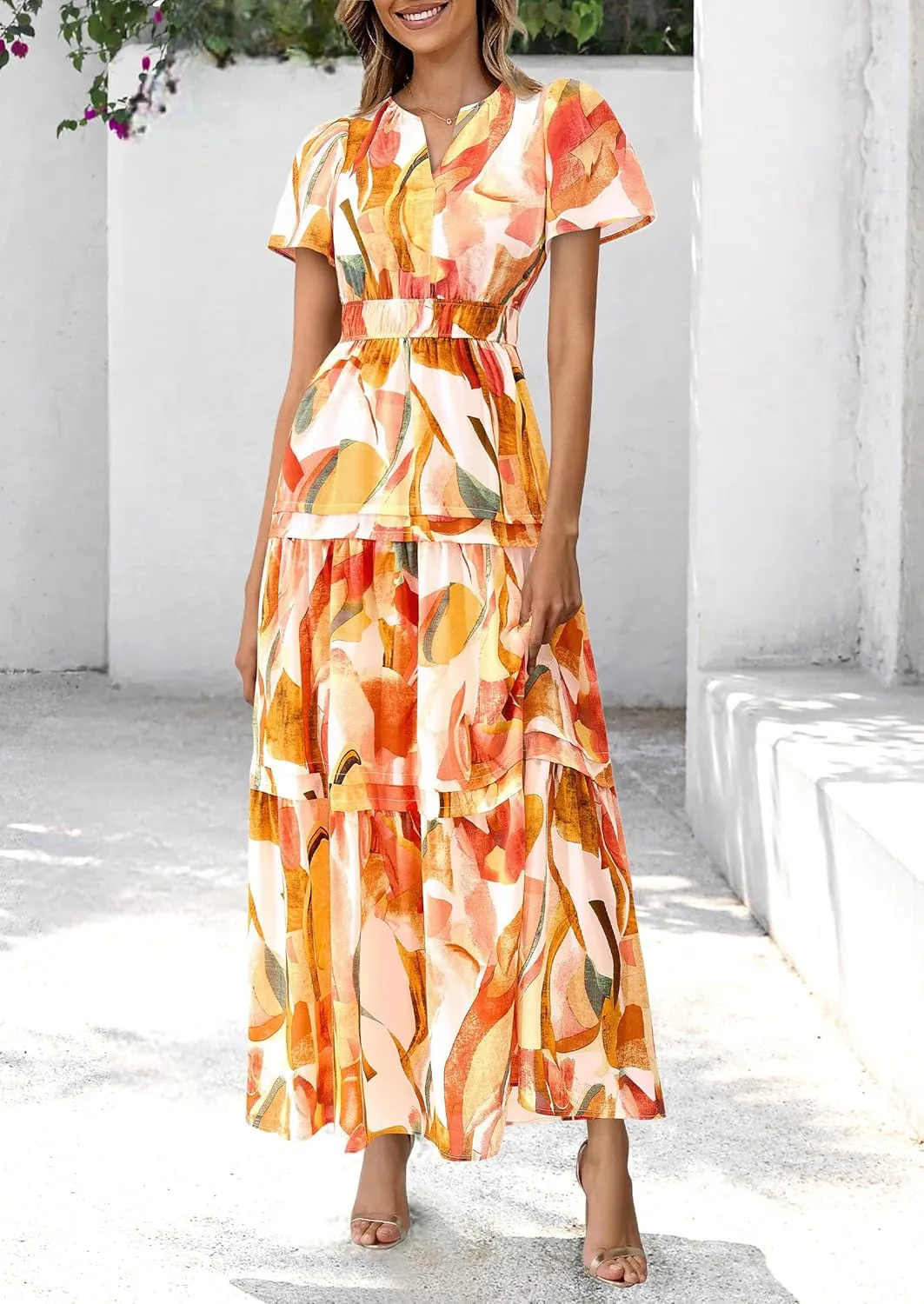 PRETTYGARDEN Women's 2025 Summer Boho Maxi Dresses Floral Short Sleeve V Neck A Line Tiered Flowy Long Beach Vacation Dress