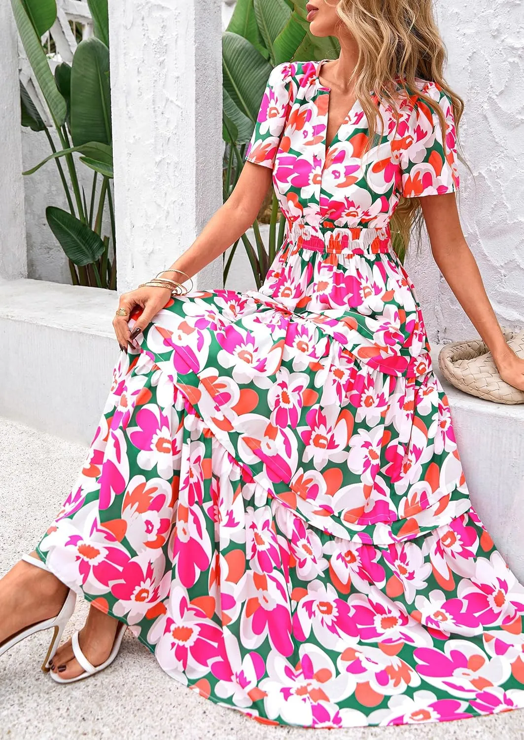 PRETTYGARDEN Women's 2025 Summer Boho Maxi Dresses Floral Short Sleeve V Neck A Line Tiered Flowy Long Beach Vacation Dress