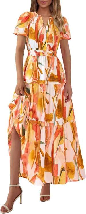 PRETTYGARDEN Women's 2025 Summer Boho Maxi Dresses Floral Short Sleeve V Neck A Line Tiered Flowy Long Beach Vacation Dress