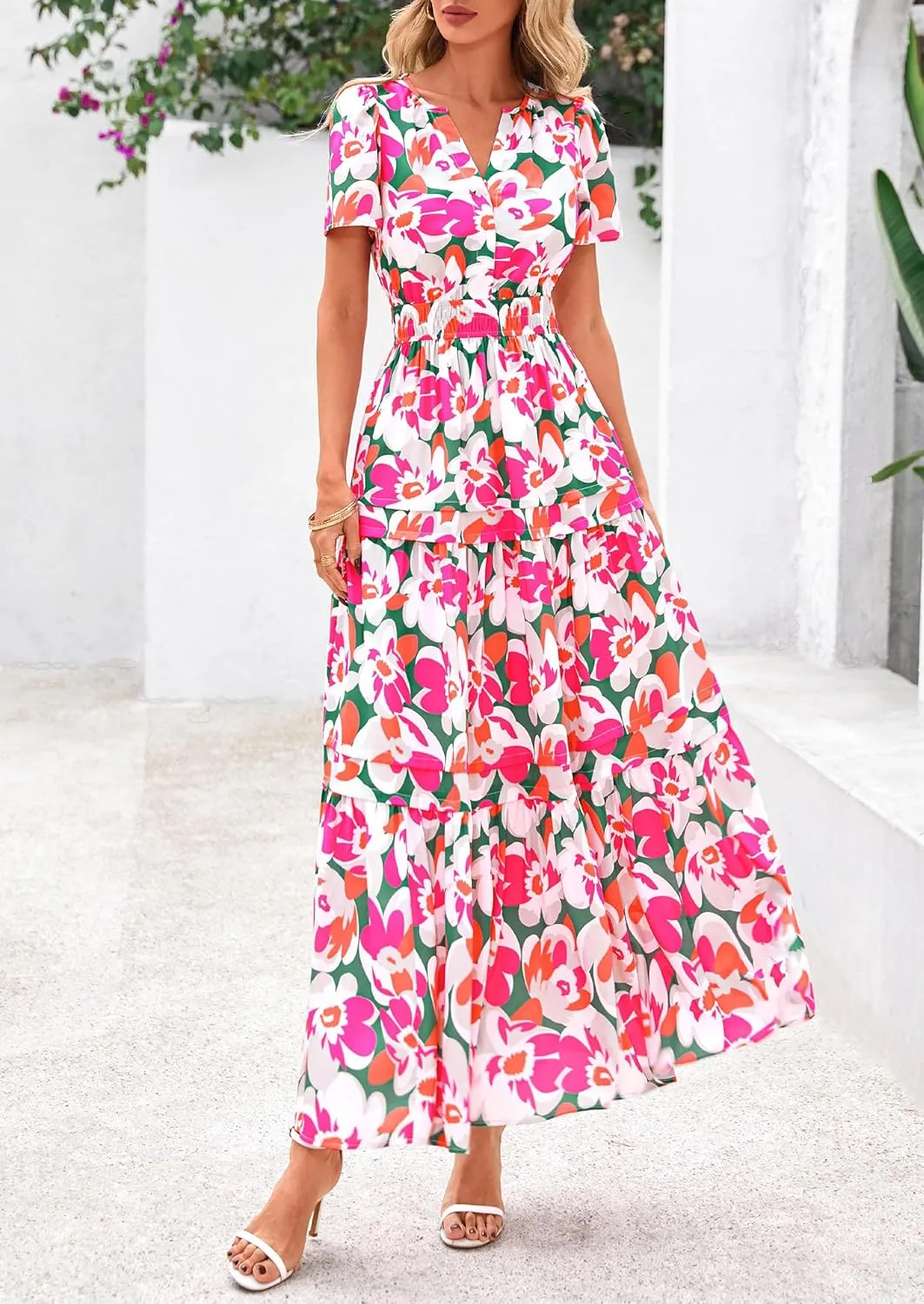 PRETTYGARDEN Women's 2025 Summer Boho Maxi Dresses Floral Short Sleeve V Neck A Line Tiered Flowy Long Beach Vacation Dress