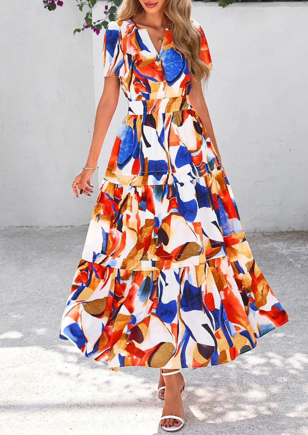 PRETTYGARDEN Women's 2025 Summer Boho Maxi Dresses Floral Short Sleeve V Neck A Line Tiered Flowy Long Beach Vacation Dress