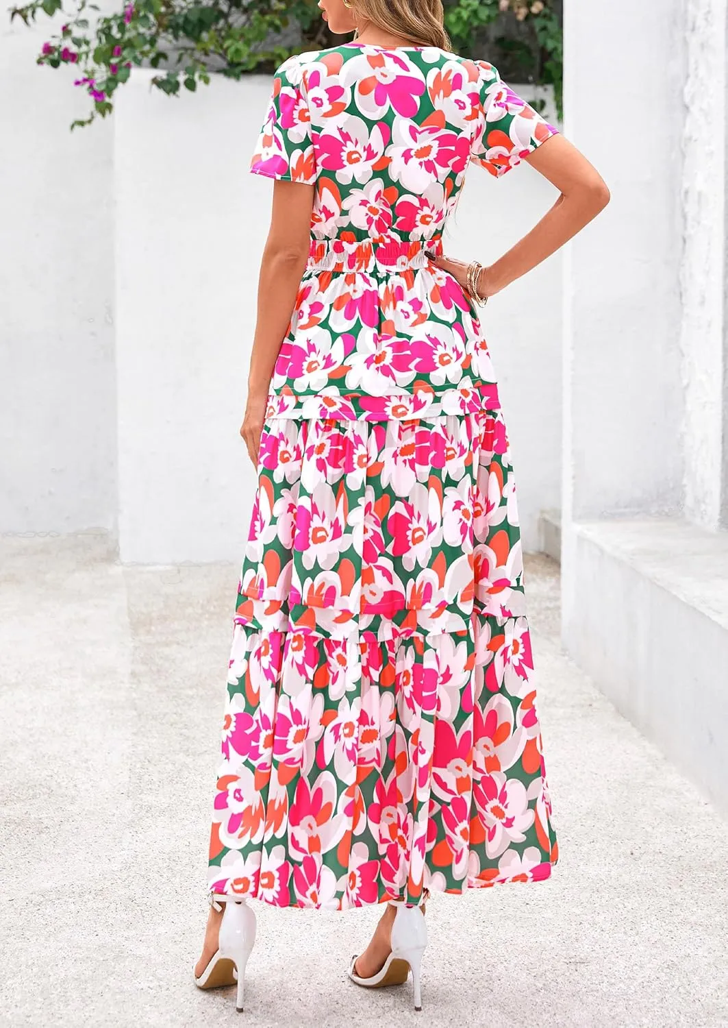 PRETTYGARDEN Women's 2025 Summer Boho Maxi Dresses Floral Short Sleeve V Neck A Line Tiered Flowy Long Beach Vacation Dress