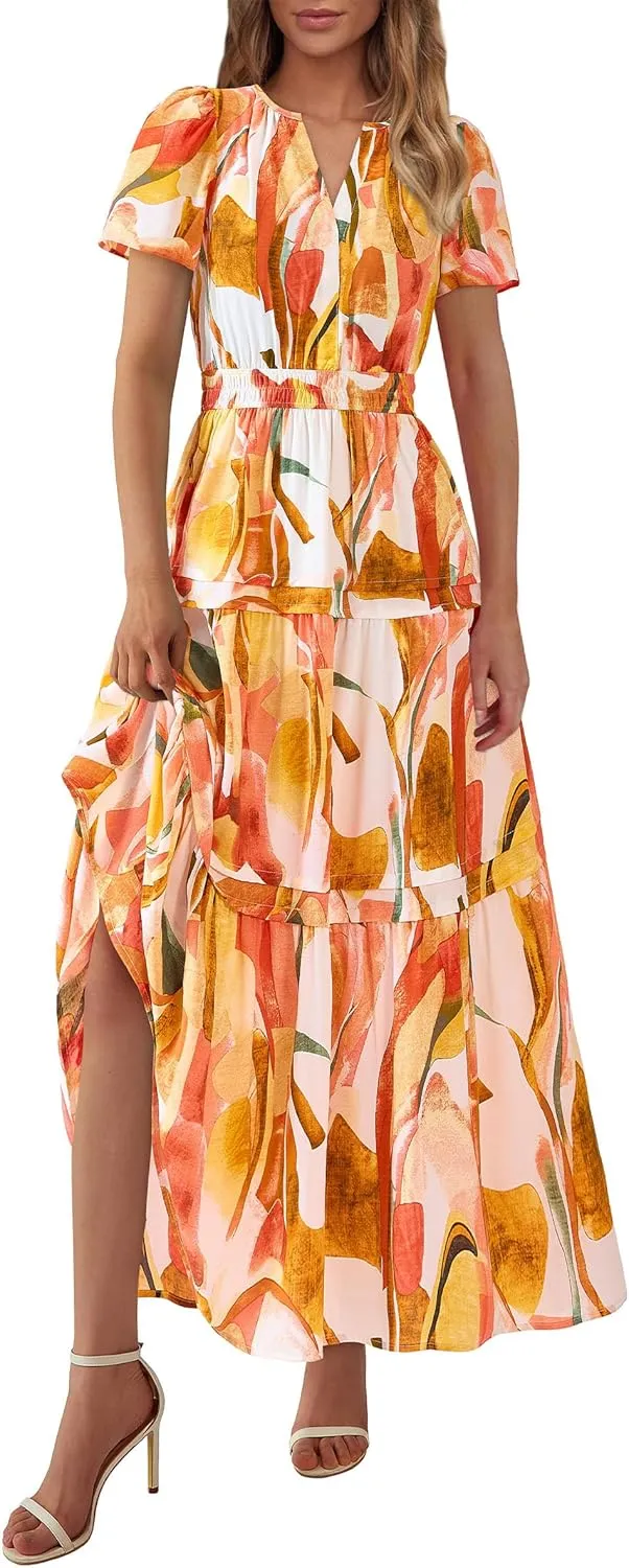PRETTYGARDEN Women's 2025 Summer Boho Maxi Dresses Floral Short Sleeve V Neck A Line Tiered Flowy Long Beach Vacation Dress