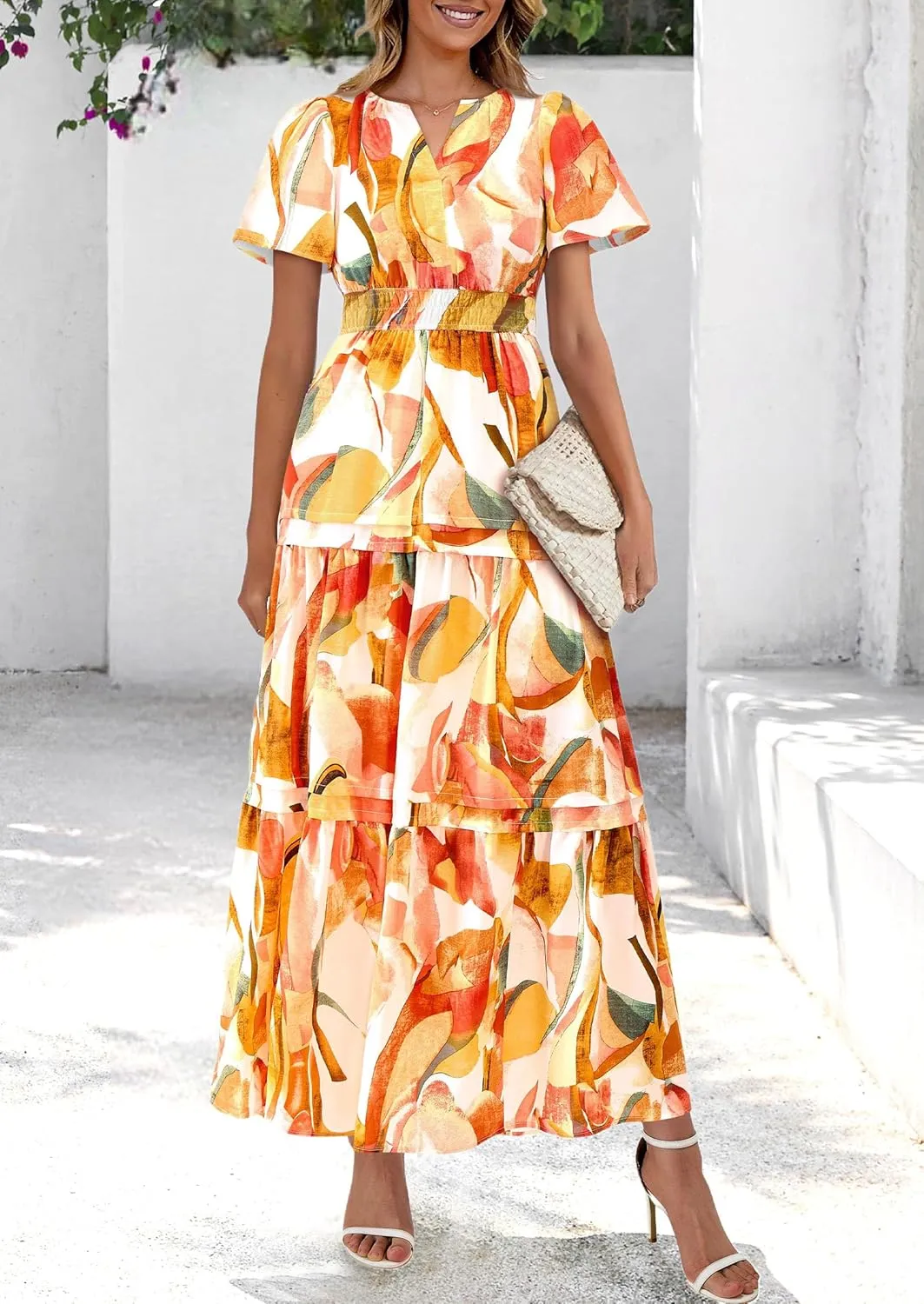PRETTYGARDEN Women's 2025 Summer Boho Maxi Dresses Floral Short Sleeve V Neck A Line Tiered Flowy Long Beach Vacation Dress