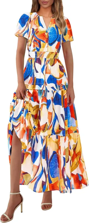 PRETTYGARDEN Women's 2025 Summer Boho Maxi Dresses Floral Short Sleeve V Neck A Line Tiered Flowy Long Beach Vacation Dress