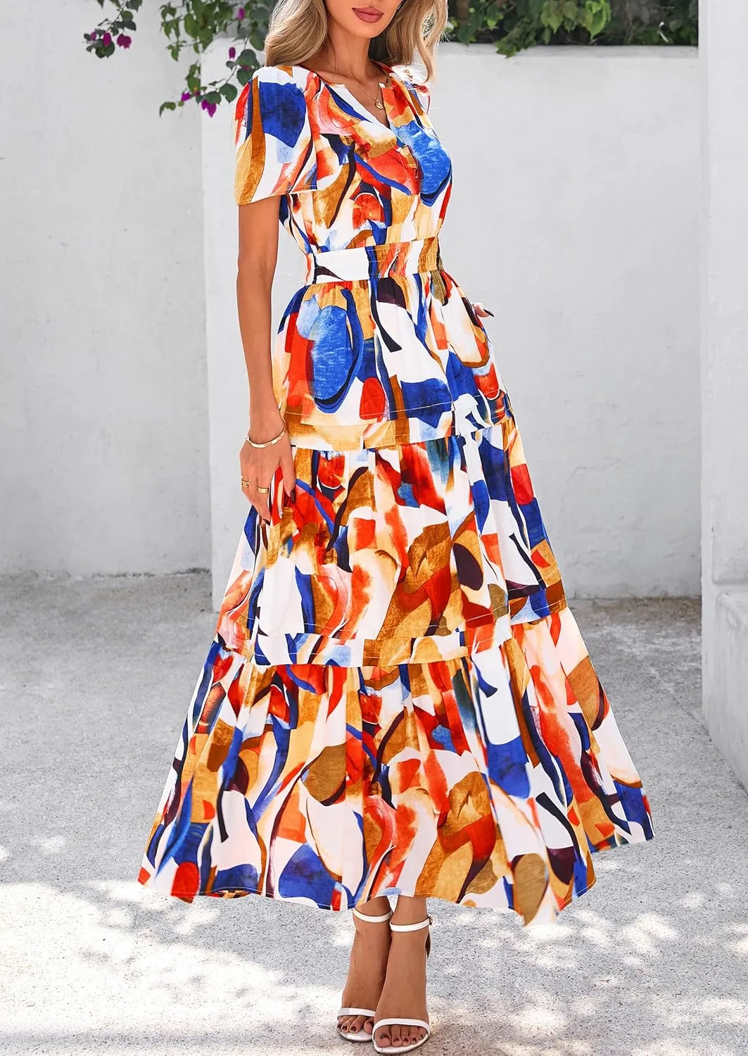 PRETTYGARDEN Women's 2025 Summer Boho Maxi Dresses Floral Short Sleeve V Neck A Line Tiered Flowy Long Beach Vacation Dress