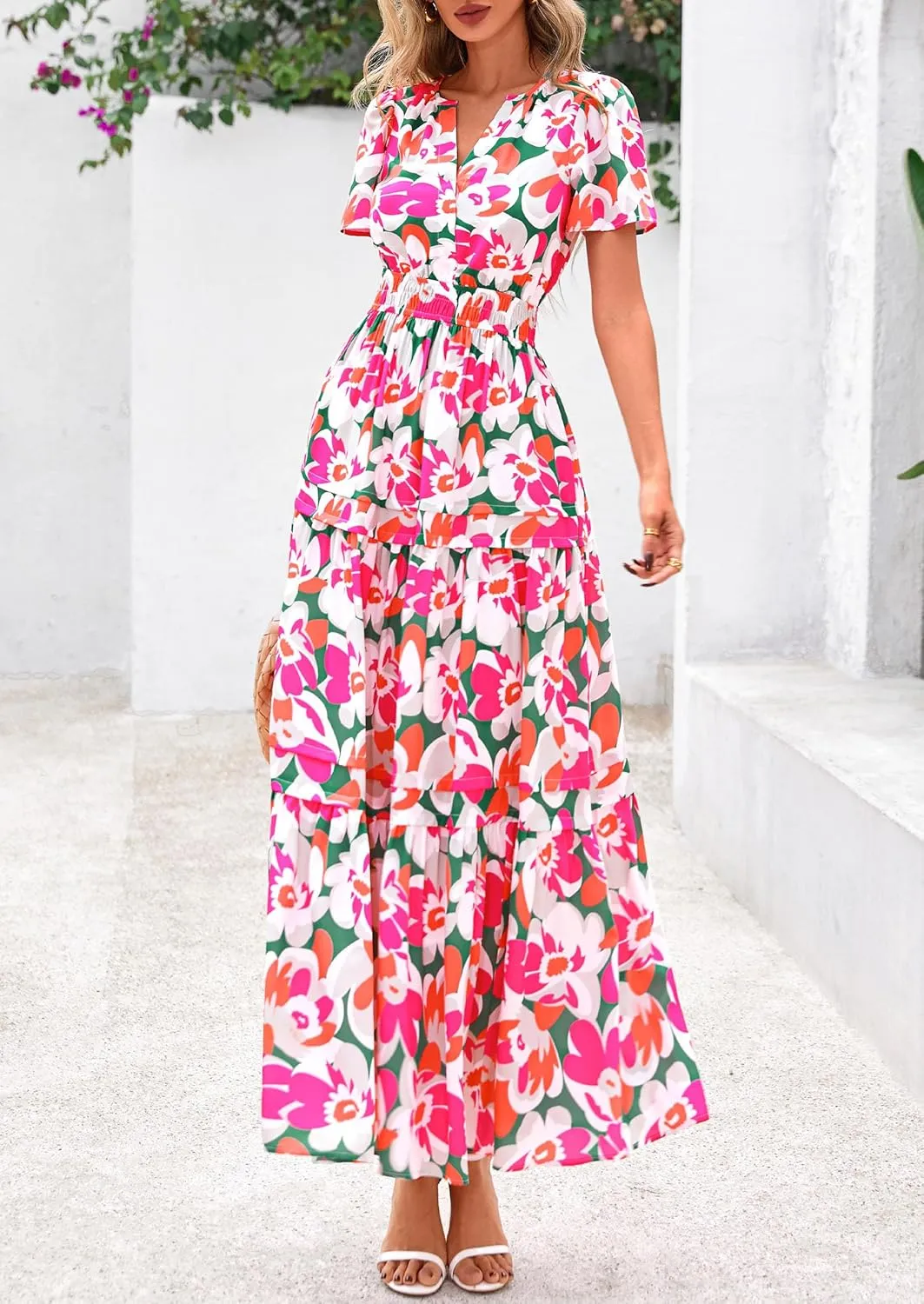PRETTYGARDEN Women's 2025 Summer Boho Maxi Dresses Floral Short Sleeve V Neck A Line Tiered Flowy Long Beach Vacation Dress