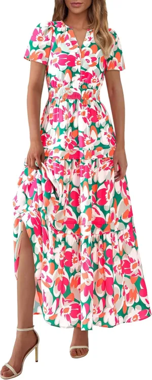 PRETTYGARDEN Women's 2025 Summer Boho Maxi Dresses Floral Short Sleeve V Neck A Line Tiered Flowy Long Beach Vacation Dress