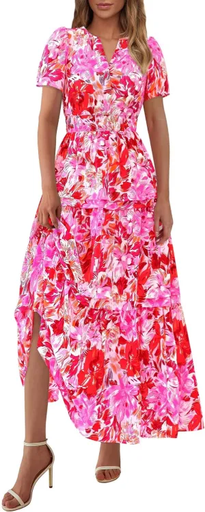 PRETTYGARDEN Women's 2025 Summer Boho Maxi Dresses Floral Short Sleeve V Neck A Line Tiered Flowy Long Beach Vacation Dress