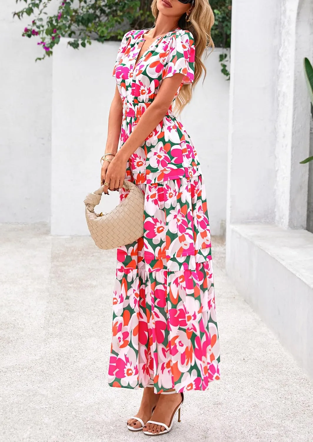 PRETTYGARDEN Women's 2025 Summer Boho Maxi Dresses Floral Short Sleeve V Neck A Line Tiered Flowy Long Beach Vacation Dress
