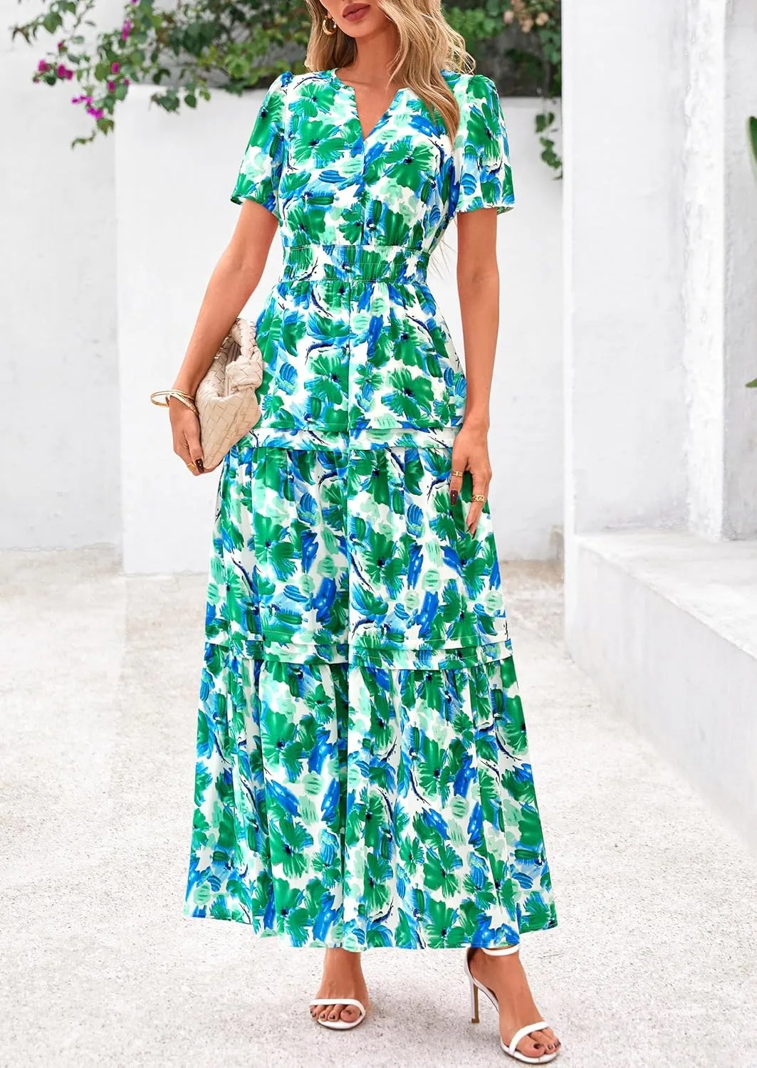 PRETTYGARDEN Women's 2025 Summer Boho Maxi Dresses Floral Short Sleeve V Neck A Line Tiered Flowy Long Beach Vacation Dress