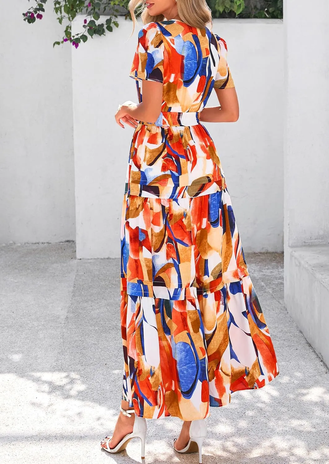 PRETTYGARDEN Women's 2025 Summer Boho Maxi Dresses Floral Short Sleeve V Neck A Line Tiered Flowy Long Beach Vacation Dress