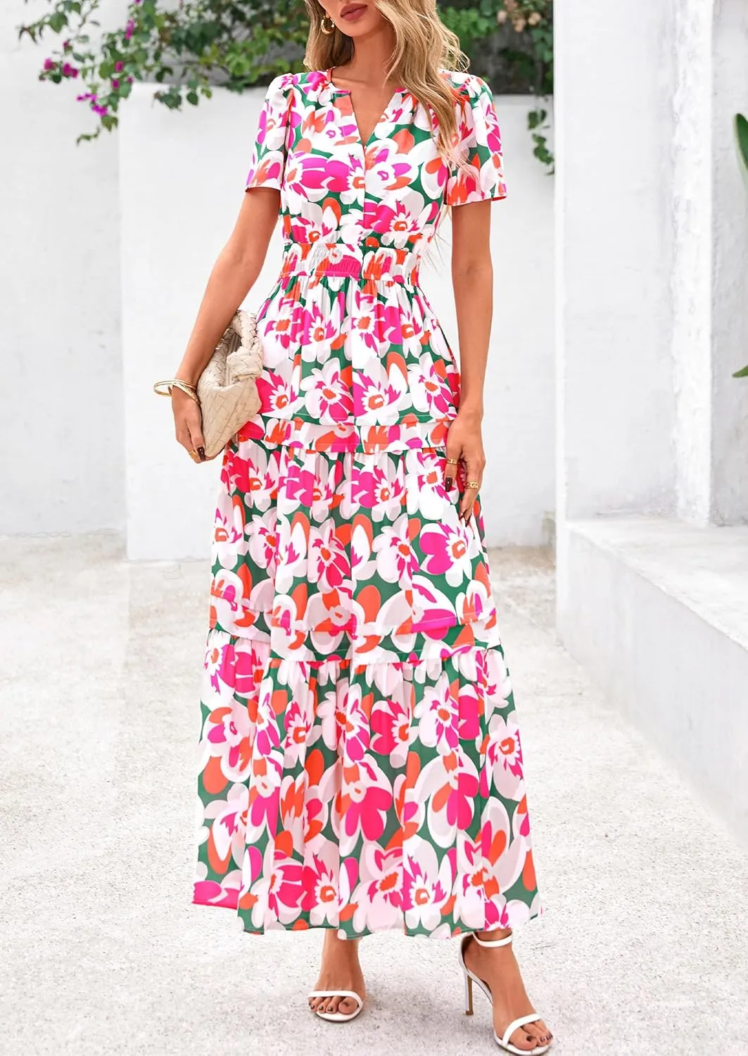 PRETTYGARDEN Women's 2025 Summer Boho Maxi Dresses Floral Short Sleeve V Neck A Line Tiered Flowy Long Beach Vacation Dress