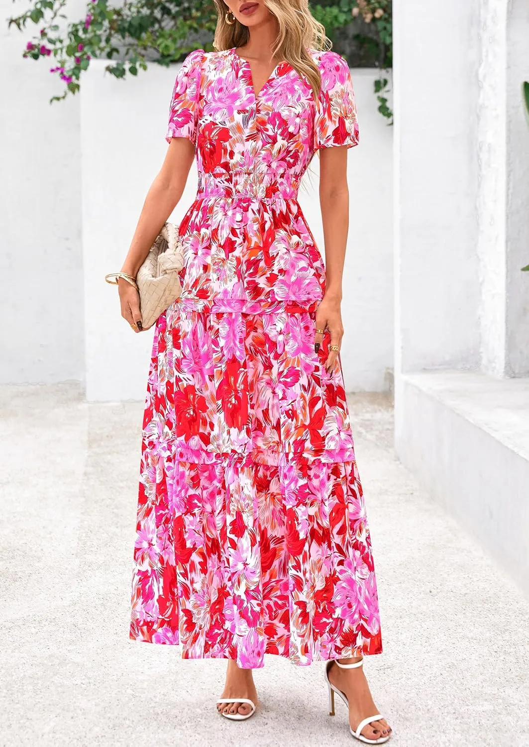 PRETTYGARDEN Women's 2025 Summer Boho Maxi Dresses Floral Short Sleeve V Neck A Line Tiered Flowy Long Beach Vacation Dress
