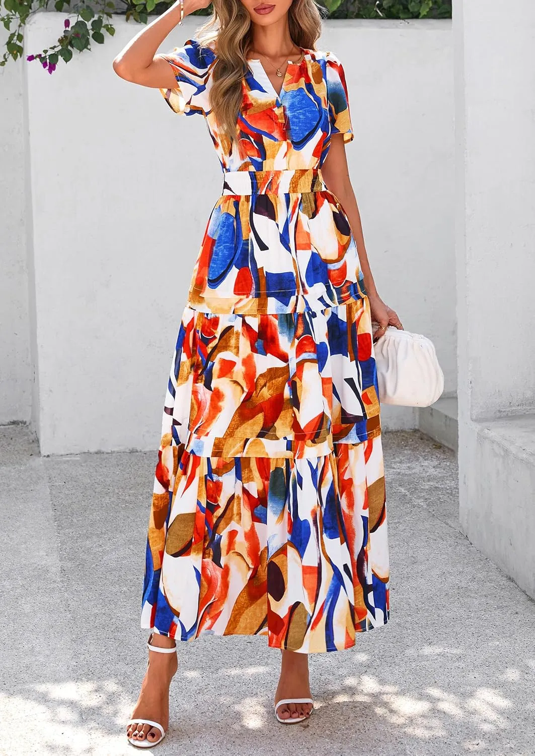 PRETTYGARDEN Women's 2025 Summer Boho Maxi Dresses Floral Short Sleeve V Neck A Line Tiered Flowy Long Beach Vacation Dress