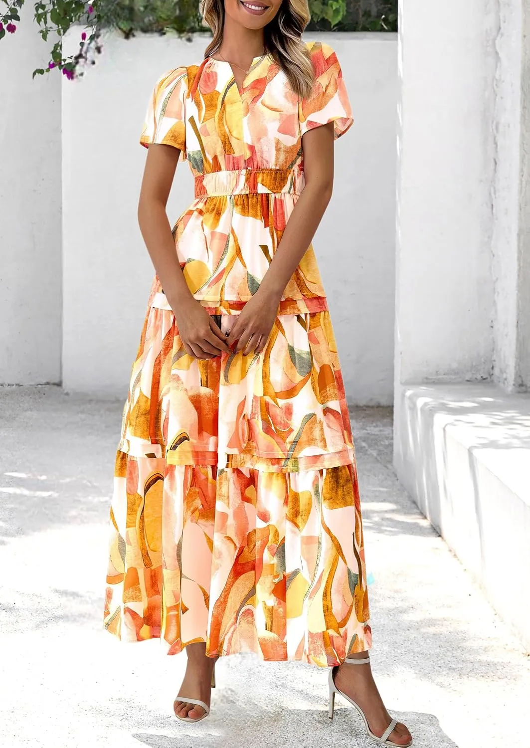 PRETTYGARDEN Women's 2025 Summer Boho Maxi Dresses Floral Short Sleeve V Neck A Line Tiered Flowy Long Beach Vacation Dress