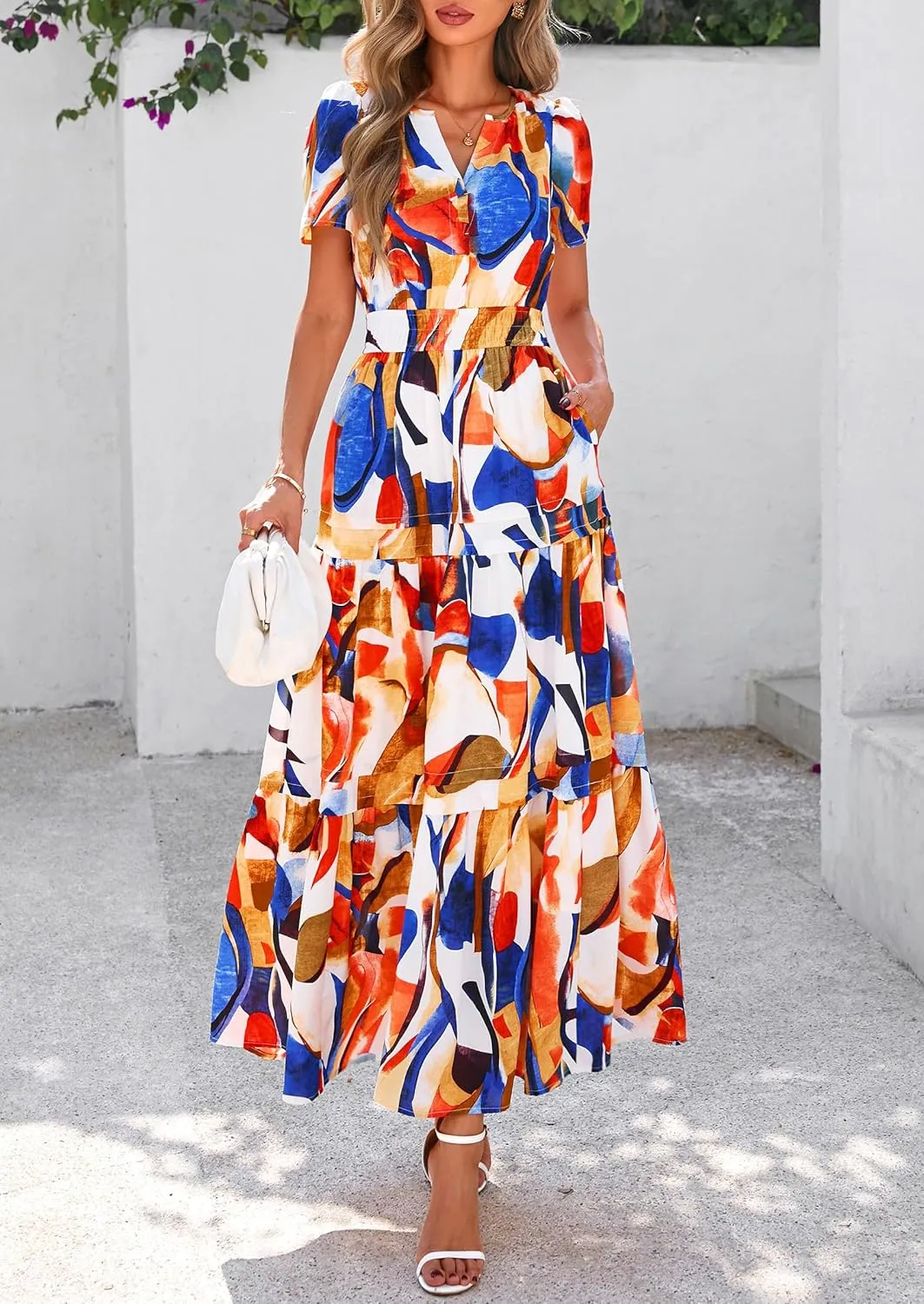 PRETTYGARDEN Women's 2025 Summer Boho Maxi Dresses Floral Short Sleeve V Neck A Line Tiered Flowy Long Beach Vacation Dress