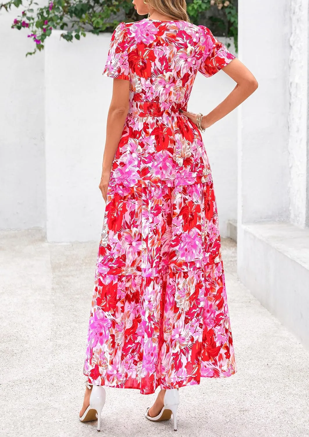 PRETTYGARDEN Women's 2025 Summer Boho Maxi Dresses Floral Short Sleeve V Neck A Line Tiered Flowy Long Beach Vacation Dress