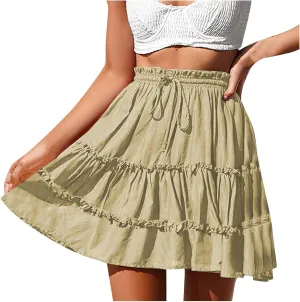 Ruffle Skirts Women Mini Summer Skirts Drawstring Elastic Waist Skirts Flowy Pleated Skirts Short Vacation Skirts