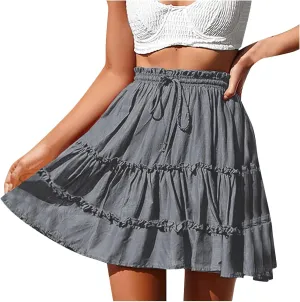 Ruffle Skirts Women Mini Summer Skirts Drawstring Elastic Waist Skirts Flowy Pleated Skirts Short Vacation Skirts