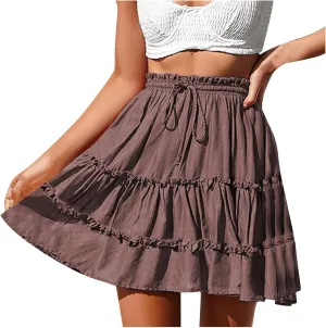 Ruffle Skirts Women Mini Summer Skirts Drawstring Elastic Waist Skirts Flowy Pleated Skirts Short Vacation Skirts