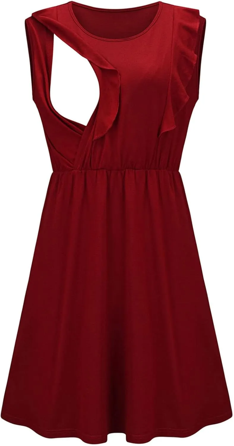 Ruffle Trim Maternity Nursing Dress Side Hidden Hole Breastfeeding Tank Dresses Women Sleeveless Summer Sundress