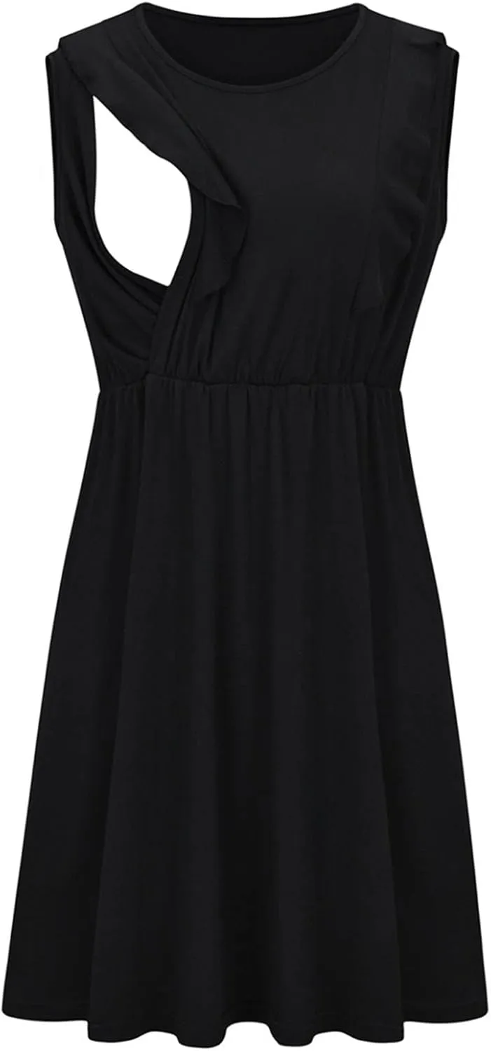 Ruffle Trim Maternity Nursing Dress Side Hidden Hole Breastfeeding Tank Dresses Women Sleeveless Summer Sundress