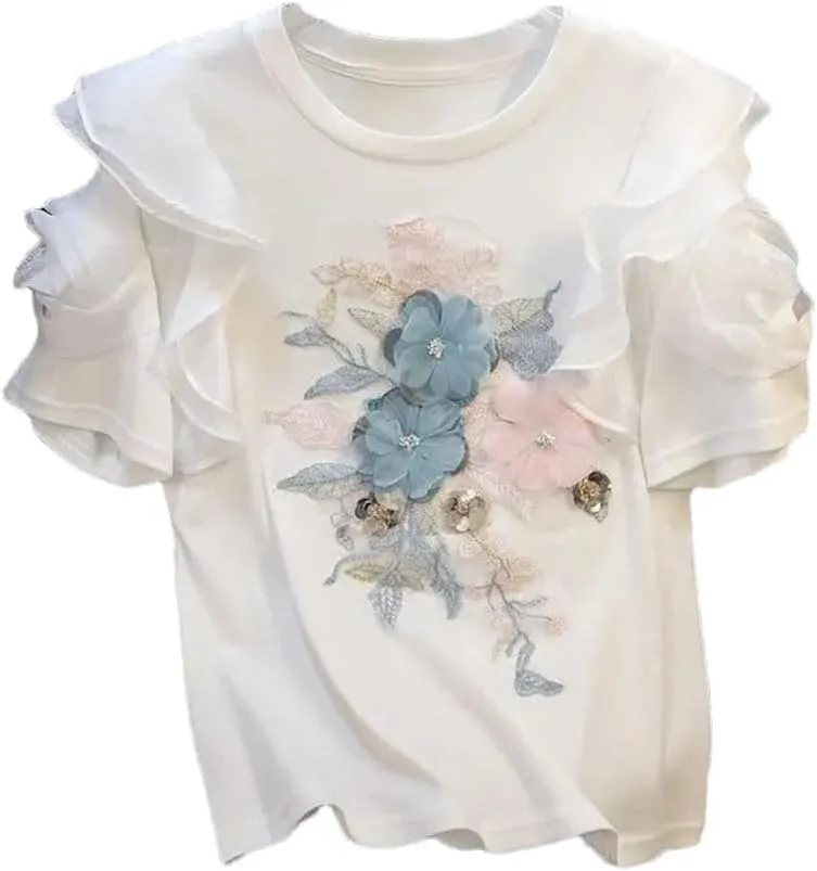 Ruffled T-Shirt for Women Patchwork Graphic T Shirts Grunge Clothes Tops