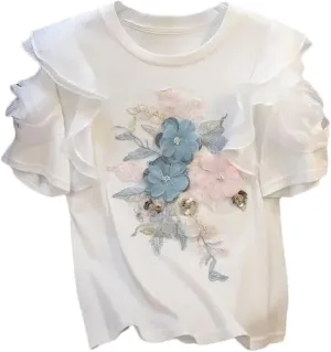 Ruffled T-Shirt for Women Patchwork Graphic T Shirts Grunge Clothes Tops