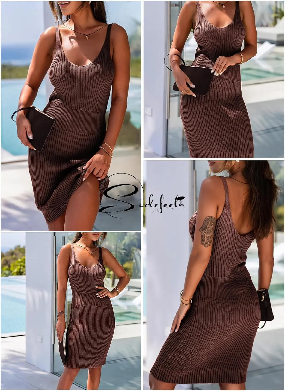 Sidefeel Womens 2025 Summer V Neck Ribbed Knit Sleeveless Tank Dresses Sexy Bodycon Club Night Out Dresses