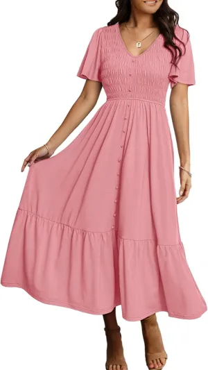 Simplee Womens Summer Smocked Flowy Dress - Casual Flutter Sleeve Tiered Boho Maxi Dresses with Pockets