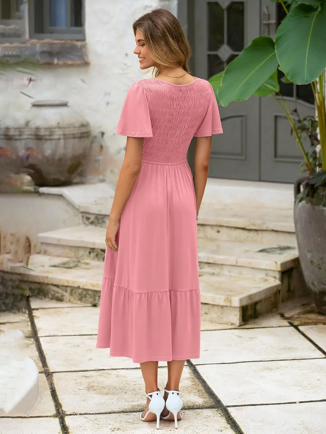 Simplee Womens Summer Smocked Flowy Dress - Casual Flutter Sleeve Tiered Boho Maxi Dresses with Pockets