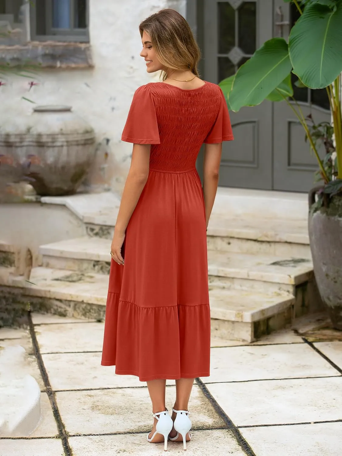 Simplee Womens Summer Smocked Flowy Dress - Casual Flutter Sleeve Tiered Boho Maxi Dresses with Pockets