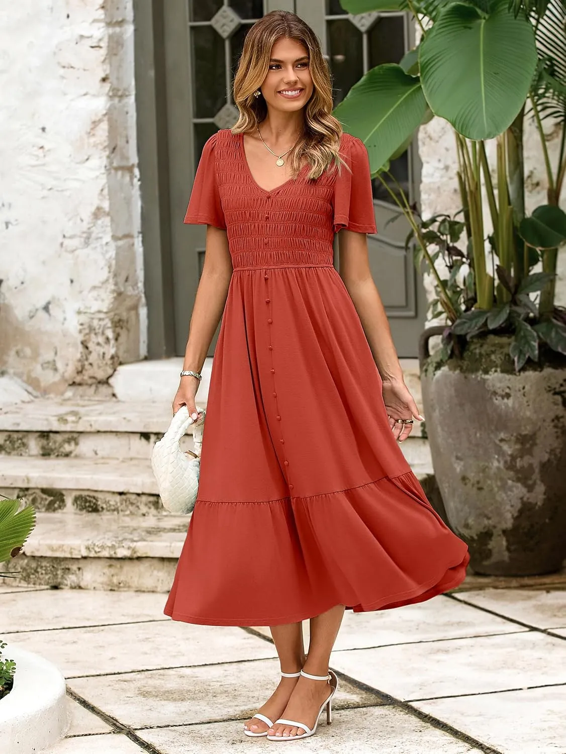 Simplee Womens Summer Smocked Flowy Dress - Casual Flutter Sleeve Tiered Boho Maxi Dresses with Pockets