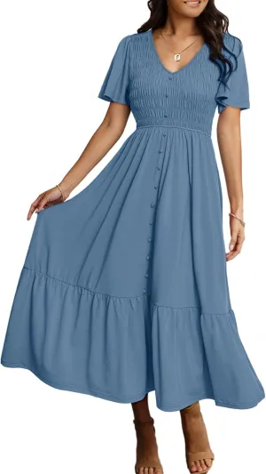 Simplee Womens Summer Smocked Flowy Dress - Casual Flutter Sleeve Tiered Boho Maxi Dresses with Pockets