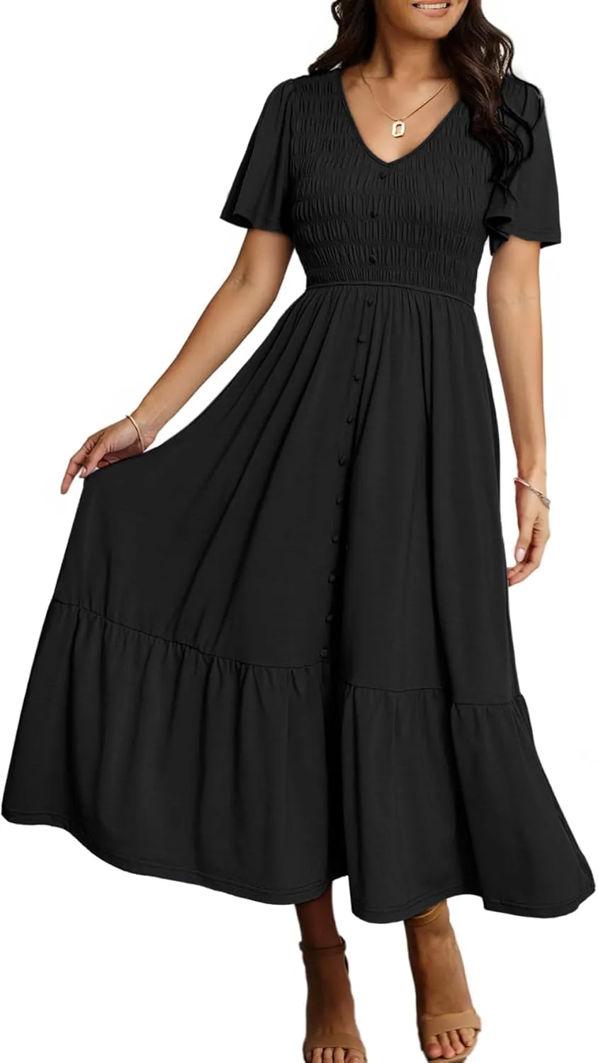 Simplee Womens Summer Smocked Flowy Dress - Casual Flutter Sleeve Tiered Boho Maxi Dresses with Pockets