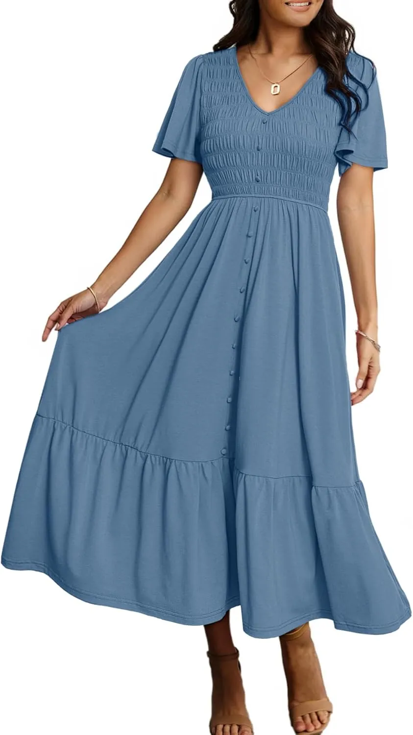 Simplee Womens Summer Smocked Flowy Dress - Casual Flutter Sleeve Tiered Boho Maxi Dresses with Pockets