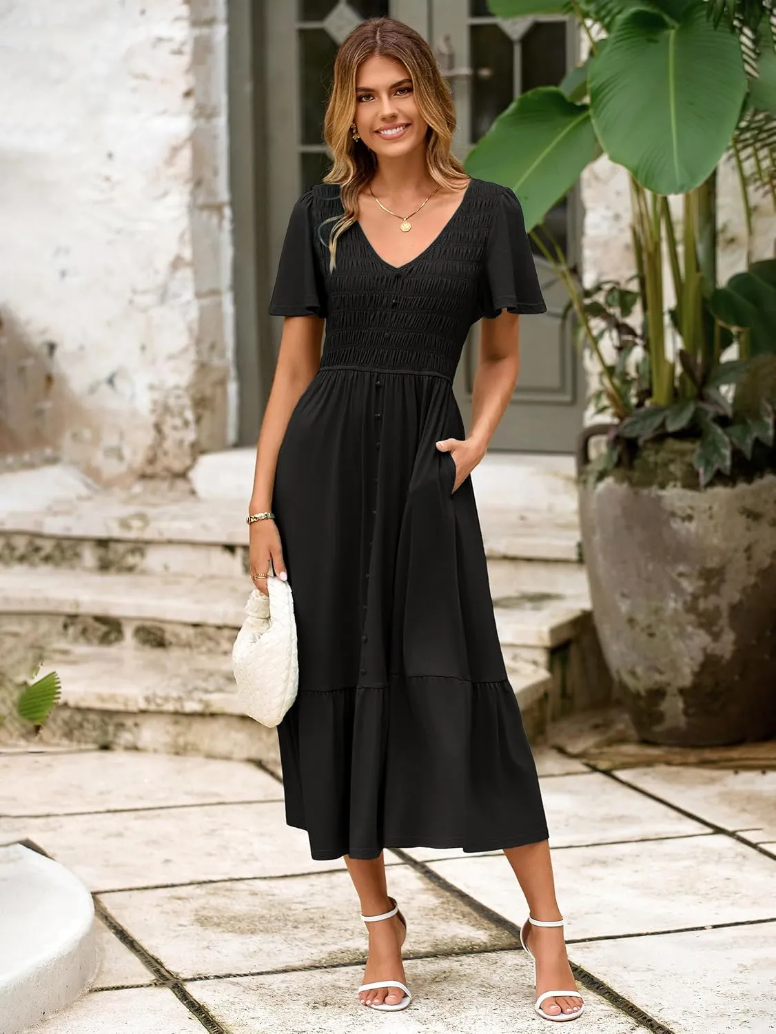 Simplee Womens Summer Smocked Flowy Dress - Casual Flutter Sleeve Tiered Boho Maxi Dresses with Pockets