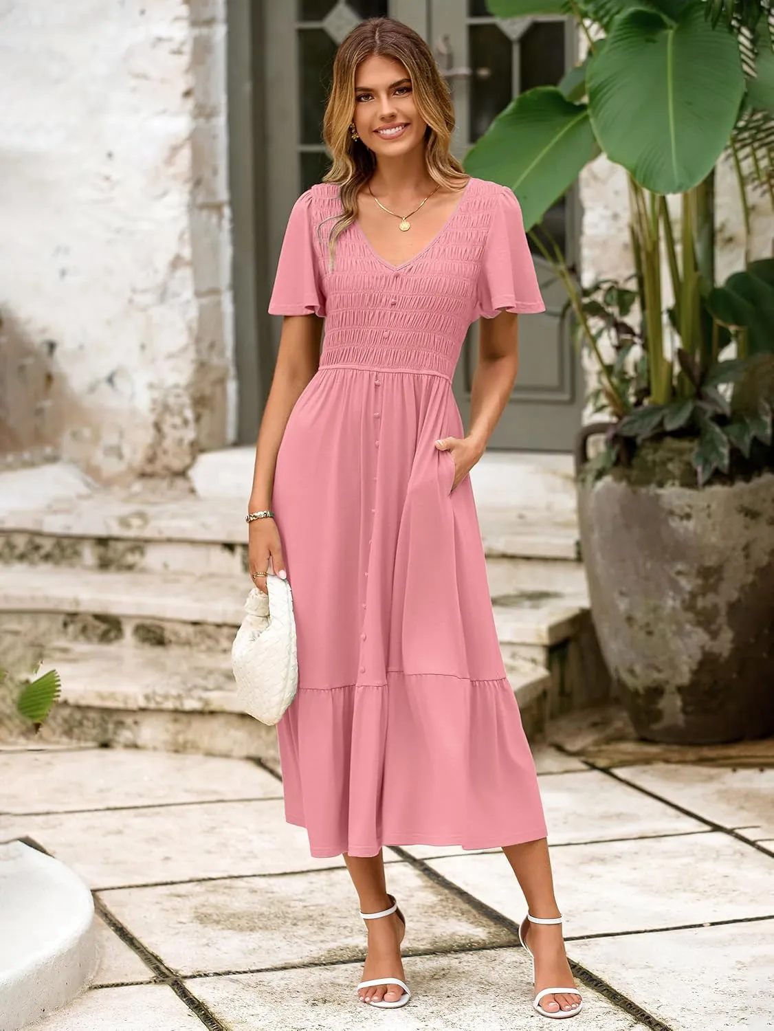 Simplee Womens Summer Smocked Flowy Dress - Casual Flutter Sleeve Tiered Boho Maxi Dresses with Pockets