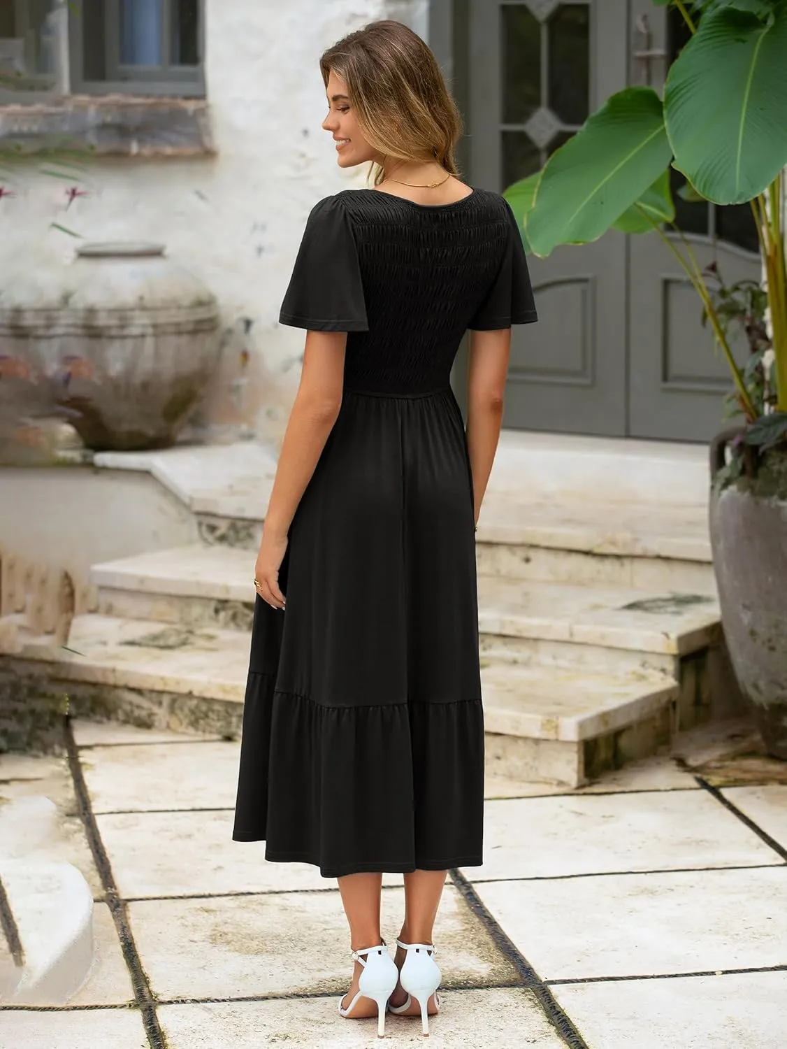 Simplee Womens Summer Smocked Flowy Dress - Casual Flutter Sleeve Tiered Boho Maxi Dresses with Pockets