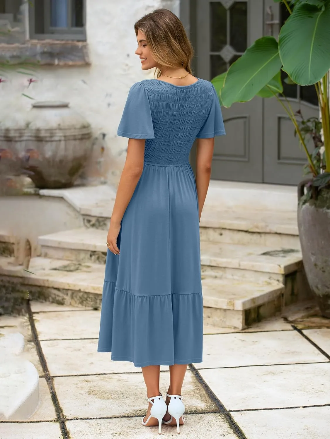 Simplee Womens Summer Smocked Flowy Dress - Casual Flutter Sleeve Tiered Boho Maxi Dresses with Pockets