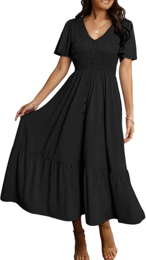 Simplee Womens Summer Smocked Flowy Dress - Casual Flutter Sleeve Tiered Boho Maxi Dresses with Pockets