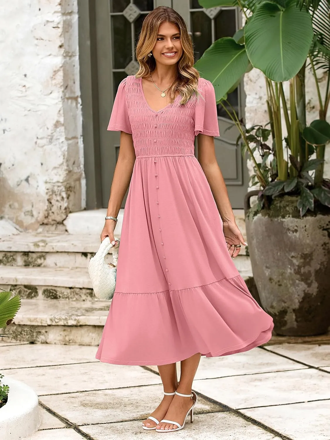 Simplee Womens Summer Smocked Flowy Dress - Casual Flutter Sleeve Tiered Boho Maxi Dresses with Pockets