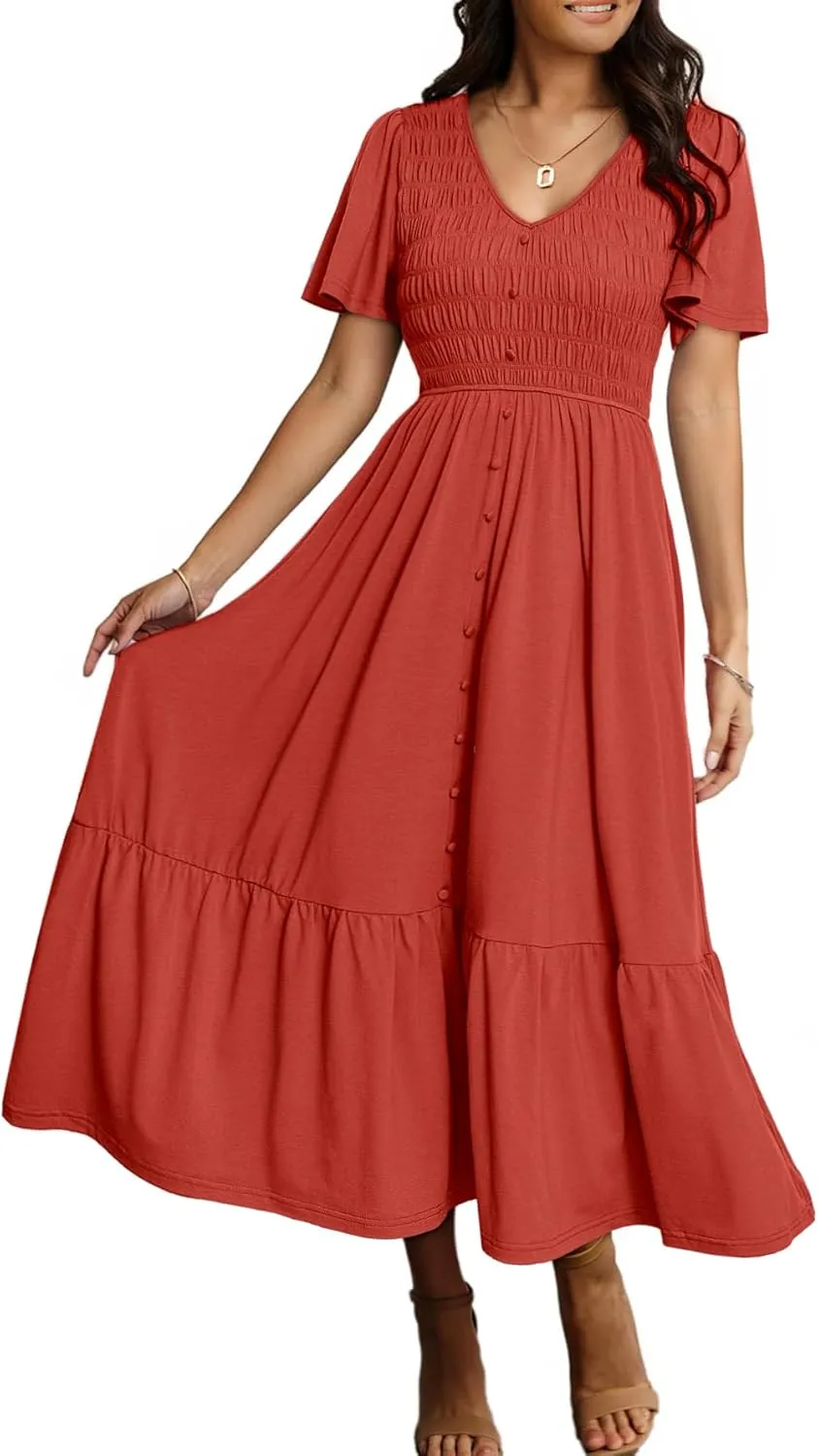 Simplee Womens Summer Smocked Flowy Dress - Casual Flutter Sleeve Tiered Boho Maxi Dresses with Pockets