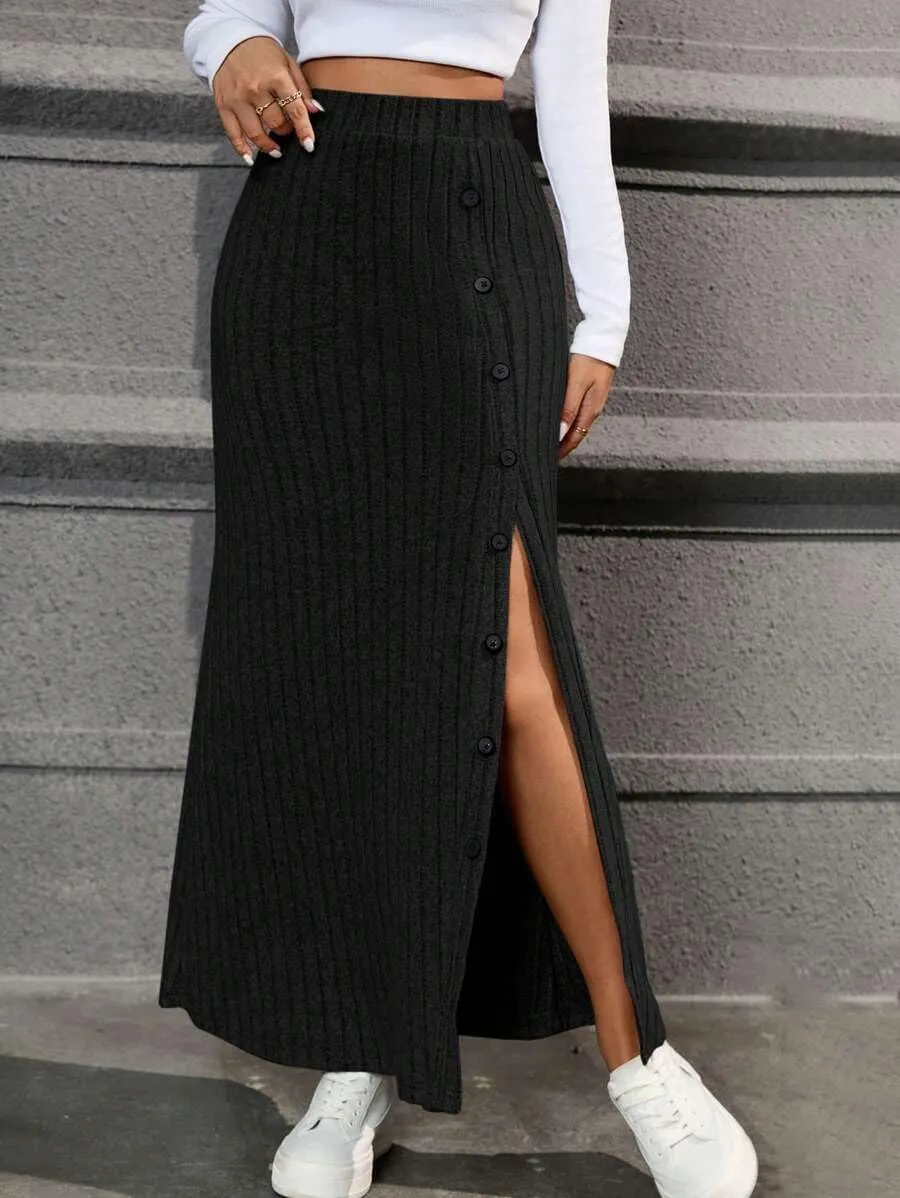 SKAYS Button Front Skirts for Women Long, Ribbed Skirt with Slit, Slit Buttoned Knit Hip Hugging Skirt