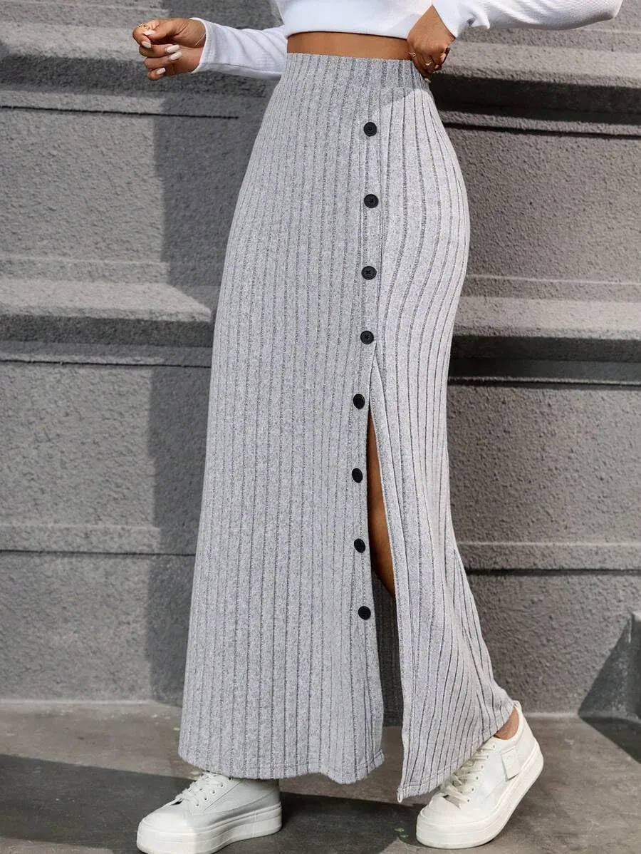 SKAYS Button Front Skirts for Women Long, Ribbed Skirt with Slit, Slit Buttoned Knit Hip Hugging Skirt