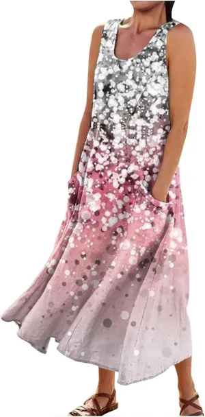 Sleeveless Dresses for Womens 2024 Beach Cotton Linen Floral Printed Dresses with Pockets Casual Flowy Long Dress