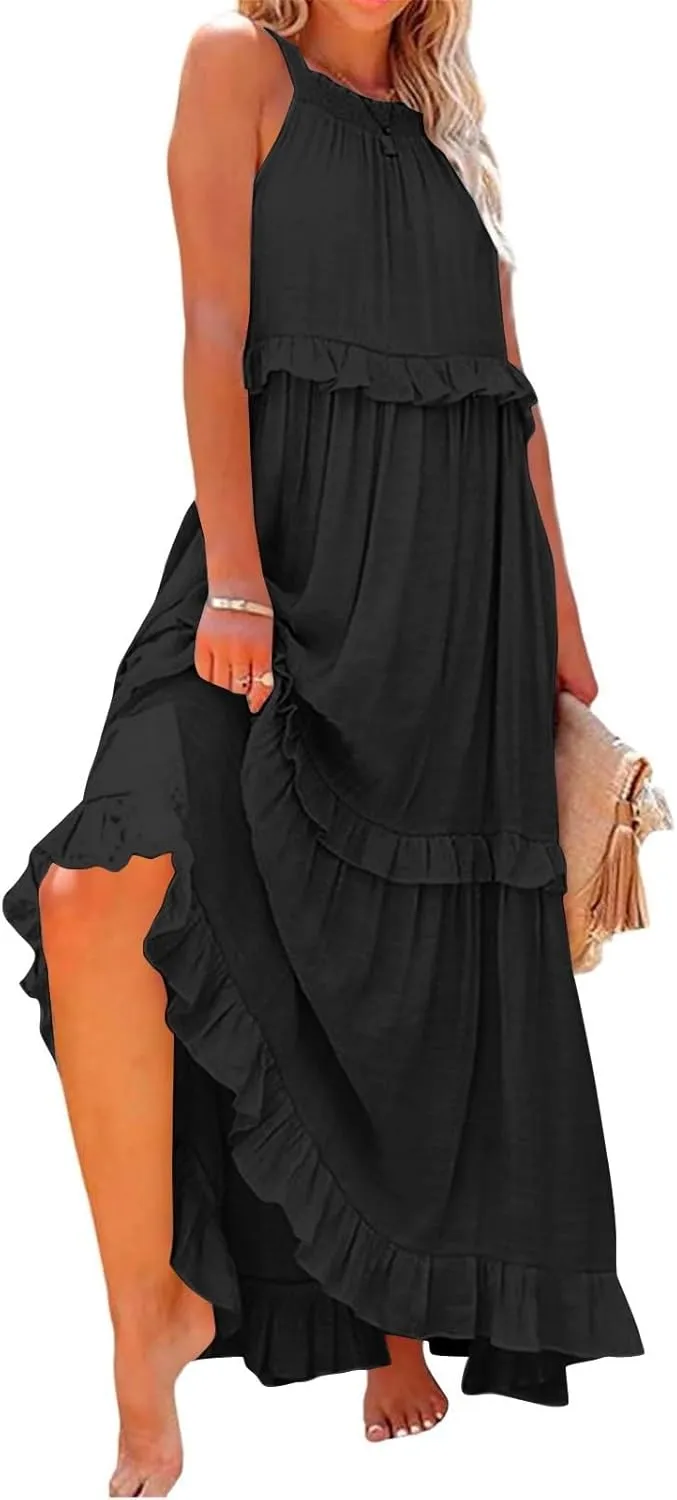 Smocked Dress Women Summer Sleeveless Tank Dresses Halter Tie Back Flowy Ruffle Tiered Maxi Dress with Pockets