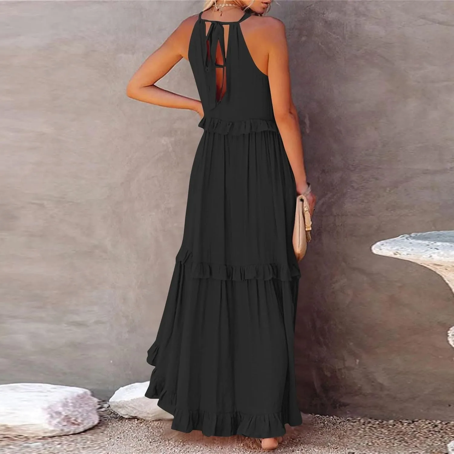 Smocked Dress Women Summer Sleeveless Tank Dresses Halter Tie Back Flowy Ruffle Tiered Maxi Dress with Pockets