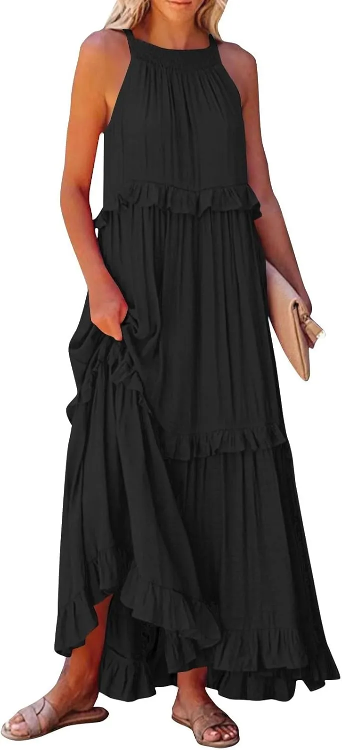 Smocked Dress Women Summer Sleeveless Tank Dresses Halter Tie Back Flowy Ruffle Tiered Maxi Dress with Pockets